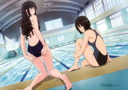  2girls absurdres adjusting_clothes adjusting_swimsuit amagami ass barefoot black_eyes black_hair blue_eyes blurry blush competition_swimsuit depth_of_field detexted dutch_angle feet from_behind highres imageboard_desourced indoors kneeling lane_line legs long_hair looking_back megami_magazine morishima_haruka multiple_girls nanasaki_ai non-web_source official_art one-piece_swimsuit pool poolside short_hair starting_block swimsuit tachikawa_seiji third-party_edit water wet 