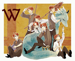  6+boys animification arm_at_side arm_support arm_up bill_weasley black_footwear book broom brother_and_sister brothers carrying_over_shoulder charlie_weasley childlock collared_shirt commentary_request dragon eye_contact female fred_weasley george_weasley ginny_weasley glasses grin hand_up hands_on_own_cheeks hands_on_own_face harry_potter_(series) head_rest holding holding_book knee_up laughing long_sleeves looking_at_another male_focus multiple_boys necktie open_book outstretched_arm pants parted_lips percy_weasley profile reaching red_eyes red_hair ron_weasley shirt shoes siblings sitting sleeves_rolled_up smile standing stool striped striped_necktie sweat sweater twins untucked_shirt white_shirt wizarding_world 