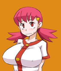  akane_(pokemon) artist_request blush breasts cleavage getter gym_leader huge_breasts impossible_clothes impossible_clothing impossible_shirt kitsune-tsuki_(getter) pokemon shirt sweatdrop 