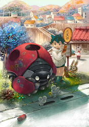  androgynous boots bow bowtie bus_stop bush can cellphone cheese commentary_request drink_can food gender_request graffiti house lolicon minato_(minat0) mouse_(animal) original outdoors phone photoshop_(medium) rabbit ribbed_sweater road_sign robot short_hair shorts sign soda_can stairs suitcase sweater teapot 