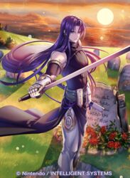  1boy abs bare_shoulders boots cloud commentary_request earrings fingerless_gloves fire_emblem fire_emblem:_hasha_no_tsurugi fire_emblem_cipher flower gloves grass green_eyes jewelry kilmar_(fire_emblem) leaf long_hair looking_at_viewer male_focus outdoors purple_hair rose setsu_albatross solo sun sword tombstone very_long_hair water weapon 