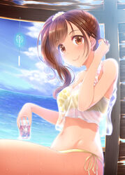  absurdres bikini bikini_under_clothes blush breasts brown_eyes brown_hair commentary_request female highres idolmaster idolmaster_cinderella_girls igarashi_kyoko long_hair looking_at_viewer medium_breasts naharyou side_ponytail smile solo swimsuit wet wet_clothes wind_chime 