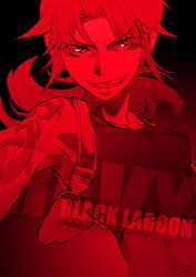  bad_id bad_pixiv_id black_lagoon female grin holster juu_(juuzi) looking_away midriff monochrome oerba_yun_fang ponytail red_theme revy_(black_lagoon) smile solo tank_top tattoo 