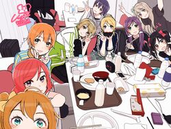  14_(vision5032) 6+girls :d ayase_eli bad_id bad_twitter_id black_hair blonde_hair blue_eyes blue_hair bottle bow brown_hair chopsticks dated eating food green_eyes hairbow hoshizora_rin iida_riho koizumi_hanayo kosaka_honoka kotori_photobomb kubo_yurika kusuda_aina long_hair love_live! love_live!_school_idol_project mimori_suzuko minami_kotori multiple_girls nanjou_yoshino nishikino_maki nitta_emi one_side_up open_mouth orange_hair photo-referenced pile_(voice_actor) ponytail purple_eyes purple_hair red_eyes red_hair short_hair smile sonoda_umi tojo_nozomi tokui_sora twintails uchida_aya v voice_actor_connection yazawa_nico yellow_eyes 