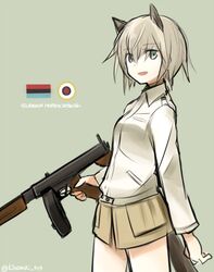  :d animal_ears blonde_hair character_name commentary_request cowboy_shot drum_magazine eugenia_horbaczewski female green_background green_eyes gun holding holding_gun holding_weapon kinosaki_(green_patio) long_sleeves magazine_(weapon) military military_uniform open_mouth short_hair simple_background smile solo submachine_gun tail thompson_submachine_gun trigger_discipline twitter_username uniform weapon wolf_ears wolf_girl wolf_tail world_witches_series 