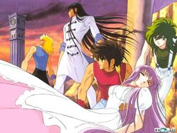  80s andromeda_shun araki_shingo athena cygnus_hyoga cygnus_hyouga dragon_shiryu dragon_shiryuu dress himeno_michi injured injury kido_saori kidou_saori oldschool pegasus_seiya saint_seiya saori_kido seiya 