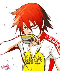  1boy bad_id bad_twitter_id blood cycling_uniform dated jersey male_focus naruko_shoukichi nosebleed red_eyes red_hair solo tears upper_body wiping_face yamamoto_mika yowamushi_pedal 