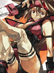  breasts brown_hair cleavage female fireseal genderswap_(mtf) gloves guilty_gear headband large_breasts red_eyes rule_63 sol_badgal sol_badguy solo yohane 