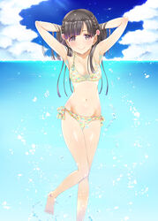  absurdres arms_up barefoot bikini black_eyes black_hair blush braid breasts commentary_request feet_out_of_frame female flower hair_flower hair_ornament highres idolmaster idolmaster_cinderella_girls kobayakawa_sae long_hair looking_at_viewer naharyou navel ocean small_breasts smile solo splashing swimsuit water 