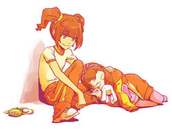  2girls against_wall bad_id bad_pixiv_id brown_hair full_body gym_uniform idolmaster idolmaster_(classic) jacket juu_(juuzi) long_hair lying minase_iori multiple_girls pants sitting sleeping smile stuffed_animal stuffed_rabbit stuffed_toy takatsuki_yayoi track_jacket track_pants twintails unworn_jacket usa-chan_(idolmaster) 