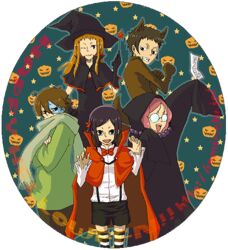  2boys 3girls ;) animal_costume animal_ears beads black_hair black_hat black_shorts bow bowtie brown_hair capelet cloak commentary_request crossed_arms fangs fujiwara_isami glasses gotou_yuu green_scarf halloween hands_up hasebe_ai hat hood hood_up kaminogi_haruka long_hair long_sleeves looking_at_viewer looking_down looking_to_the_side medium_hair mukai_miho multiple_boys multiple_girls noein one_eye_closed opaque_glasses parted_bangs pink_hair pumpkin_background red_bow red_bowtie scarf shirt shorts sleeves_past_fingers sleeves_past_wrists smile striped_clothes striped_thighhighs suspender_shorts suspenders thighhighs uhoho_(nano-pico) wand white_shirt witch_hat wolf_costume 