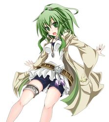  belt blush coat duel_monster female green_eyes green_hair jewelry korican necklace open_mouth pixiv_thumbnail ponytail shorts solo wynn wynnda,_miko_of_the_gusta wynnda_miko_of_the_gusta yu-gi-oh! 