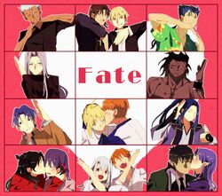  6+boys 6+girls ahoge archer_(fate) artoria_pendragon_(fate) bad_id bad_pixiv_id cu_chulainn_(fate) cu_chulainn_(fate/stay_night) emiya_shirou fate/hollow_ataraxia fate/stay_night fate_(series) fujimura_taiga gilgamesh_(fate) heart heart_trace heracles_(fate) illyasviel_von_einzbern kissing kissing_cheek kotomine_kirei kuzuki_souichirou matou_sakura matou_shinji medea_(fate) medusa_(fate) medusa_(rider)_(fate) multiple_boys multiple_girls official_alternate_costume parody pointy_ears saber_(fate) sasaki_kojirou_(fate) take_(mk823) tohsaka_rin 