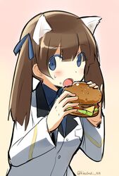  :o blue_eyes blue_ribbon blush brave_witches brown_background brown_hair burger eating female food georgette_lemare holding kinosaki_(green_patio) long_hair military military_uniform open_mouth ribbon simple_background solo twintails twitter_username uniform upper_body world_witches_series 