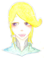  1boy atori_(noein) blonde_hair blush commentary_request looking_away male_focus noein painting_(medium) purple_eyes smile solo traditional_media uhoho_(nano-pico) watercolor_(medium) 