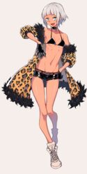  :d animal_print bad_id bad_twitter_id bikini bikini_top_only black_bikini black_choker black_gloves breasts choker collarbone dark-skinned_female dark_skin female full_body fur-trimmed_jacket fur_trim gloves green_eyes grey_background groin hand_on_own_hip highres jacket leopard_print midriff navel nora_(supernew) oerba_yun_fang open_mouth original shoes short_hair short_shorts shorts silver_hair simple_background skull_choker small_breasts smile sneakers solo supernew swimsuit 