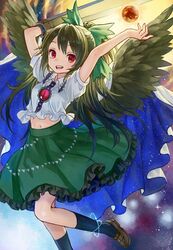  album_cover ama-tou arm_cannon arms_up bird_wings black_hair black_wings bow commentary_request cover energy_ball female foxfactory green_bow green_skirt hair_bun hairbow looking_at_viewer midriff navel open_mouth puffy_sleeves red_eyes reiuji_utsuho shirt short_sleeves single_hair_bun skirt smile solo third_eye touhou weapon wings 