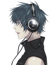  1boy blue_eyes blue_hair cable headphones kaito_(vocaloid) lips male_focus nayu open_mouth portrait profile solo vocaloid 