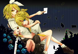  alice_human_sacrifice_(vocaloid) blonde_hair blue_eyes flowers kagamine_len kagamine_rin satsu sword vocaloid weapon yellow_eyes 