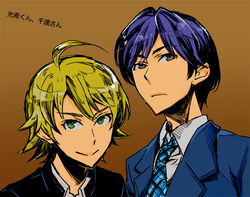  2boys ahoge bad_id bad_pixiv_id blazer blonde_hair blue_hair genderswap_(ftm) green_eyes hoshii_miki idolmaster idolmaster_(classic) jacket juu_(juuzi) kisaragi_chihaya multiple_boys necktie rough_time_school_(idolmaster) rule_63 school_uniform yellow_eyes 