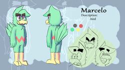  16:9 2016 2_toes 4_fingers anthro avian beak bird brown_eyes color_swatch english_text feathers featureless_crotch feet fingers glomiagui green_body green_feathers hi_res marcelo_canario model_sheet multiple_poses nude open_mouth pose solo standing tail tail_feathers text toes widescreen 