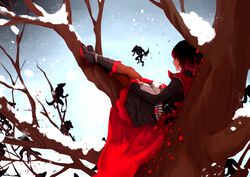  absurdres beowolf black_hair book boots cape commentary_request female full_body gothic_lolita grimm_(rwby) highres hood ilovetzxmjso lolita_fashion multicolored_hair petals photoshop_(medium) reading red_hair rose_petals ruby_rose rwby short_hair smile snow solo tree 