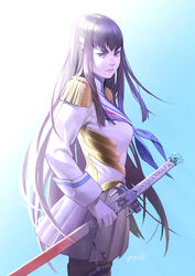  artist_name bad_id bad_pixiv_id black_hair blue_background blue_eyes breasts epaulettes female highres holding holding_sword holding_weapon junketsu kill_la_kill kiryuuin_satsuki long_hair long_sleeves looking_at_viewer medium_breasts photoshop_(medium) school_uniform solo sword thick_eyebrows weapon yuu_kikuchi 