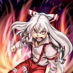  angry bad_id bad_pixiv_id female fire fujiwara_no_mokou solo tat_(artist) touhou white_hair 