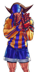  1boy blue_shorts brown_hair edaki_shin&#039;ya gloves hat_over_eyes justice_gakuen male_focus mouth_hold official_art roberto_miura shorts soccer_uniform solo sportswear visor_cap 