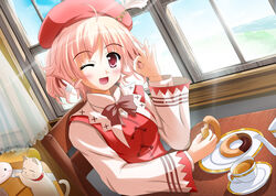  agnes_boulange beret blush commentary_request curtains doughnut feline female food hat kareru_(karluv) one_eye_closed open_mouth photoshop_(medium) pink_eyes pink_hair short_hair shukufuku_no_campanella smile solo tango_(shukufuku_no_campanella) window 