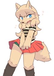  anthro blonde_hair blue_eyes blush bottomwear breasts canid canine canis clothed clothing domestic_dog female footwear fully_clothed hair hi_res kemono legwear long_hair mammal open_mouth shirt shy skirt socks solo topwear underwear yakimo 