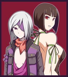  2girls back border breasts brown_hair commentary_request eyepatch flat_chest gina_dickinson god_eater god_eater_burst jacket large_breasts multiple_girls neckerchief purple_eyes red_eyes short_hair sideboob simple_background soubee1 tachibana_sakuya_(god_eater) white_hair 