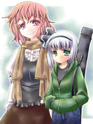  2girls alternate_costume bad_id bad_pixiv_id contemporary crow_(crowatelier) green_eyes grey_hair hairband konpaku_youmu multiple_girls photoshop_(medium) pink_eyes pink_hair saigyouji_yuyuko scarf short_hair touhou 