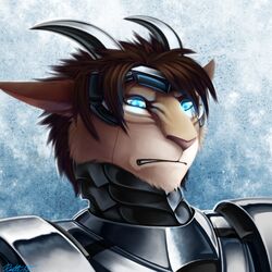  1:1 2015 abstract_background android anthro armor blue_eyes brown_body brown_fur brown_hair bust_portrait conditional_dnp digital_media_(artwork) disgust fur hair horn legacy_(ratte) machine male photon_(ratte) portrait ratte ratteguhn ratteguhncat reaction_image robot simple_background solo temperate_rainforest_ratteguhn 