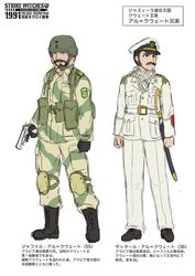  2boys bad_id bad_pixiv_id brown_eyes dakku_(ogitsune) dark-skinned_male dark_skin facial_hair gulf_war gun handgun helmet iraq knee_pads military military_uniform moustache multiple_boys original photoshop_(medium) soldier strike_witches_1991 sword translation_request uniform weapon world_witches_series yellow_eyes 