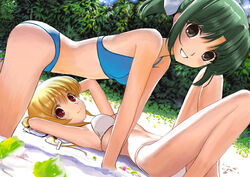  2girls all_fours armpits bare_shoulders bikini black_eyes blonde_hair commentary_request cynthia_marguerite green_hair lying mocha_(snowflake) multiple_girls photoshop_(medium) red_eyes swimsuit tooyama_midori yoake_mae_yori_ruri_iro_na 