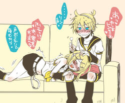  1boy ahoge arihara_ema bare_shoulders belt blonde_hair blue_eyes blush commentary couch detached_sleeves ear_cleaning eargasm embarrassed female hair_ornament hair_ribbon hairclip hand_on_another&#039;s_head hand_on_another&#039;s_knee kagamine_len kagamine_rin kneehighs knees lap_pillow lying midriff mimikaki navel open_mouth ribbon short_hair shorts siblings sitting socks straight sweat sweatdrop tickling tickling_ears translated trembling uncommon_stimulation vocaloid wavy_mouth 