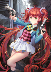  aaeru absurdres black_socks bullet checkered chinese_commentary commentary_request dual_wielding eyebrows female girl_cafe_gun green_eyes gun hair_ornament hair_scrunchie highres holding holding_gun holding_weapon long_hair red_hair rococo_(girl_cafe_gun) scrunchie socks solo striped twintails very_long_hair weapon 