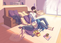  1boy artistic_error arx-7_arbalest bad_id bad_pixiv_id barefoot blue_hair bonta-kun book brown_eyes brown_hair capri_pants chidori_kaname couch denim feet female full_metal_panic full_metal_panic?_fumoffu indoors jeans lap_pillow long_hair long_legs pants pillow sagara_sousuke wind window wrong_foot yuzuki_kisa 