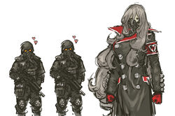  2boys armband breasts coat commentary_request female gas_mask gloves glowing glowing_eyes grey_hair gun heart helghast helmet highres killzone large_breasts long_hair mask military military_uniform multiple_boys nameo_(judgemasterkou) oxygen_mask red_gloves rifle soldier trench_coat uniform weapon 