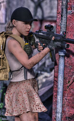  1girls blonde_hair cap caspianrover dirty gun mp5 ponytail resistance resistance_fighter rifle skirt solo_female solo_focus suppressor sweat sweaty_body 