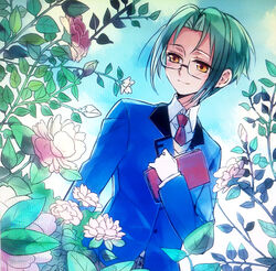  1boy blue_sky blue_suit book brown_eyes commentary day dutch_angle flower formal glasses gloves green_hair habataki_academy_school_uniform ikaru male_focus morimura_sakuya necktie outdoors photoshop_(medium) plant red_necktie school_uniform sky smile solo suit tokimeki_memorial tokimeki_memorial_girl&#039;s_side white_gloves 