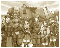  3u 3u_orz alicia_melchiott brigitte_stark eleanor_varrot hans isara_gunther largo_potter military military_uniform military_vehicle monochrome pig porcavian senjou_no_valkyria senjou_no_valkyria_1 tank uniform welkin_gunther 