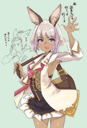  :3 :d animal_ears armpit_cutout armpits bag blue_eyes blush breasts chloe_(granblue_fantasy) cleavage clothing_cutout commentary_request cowboy_shot dark_skin dress erune eyebrows female granblue_fantasy green_background gyaru handbag heart jacket kogal looking_at_viewer lowain_(granblue_fantasy) medium_breasts multicolored_hair open_mouth purple_hair short_dress short_hair smile solo_focus streaked_hair thomasz translation_request white_hair white_jacket 