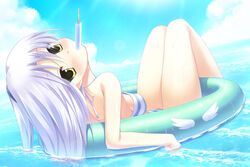  angel_beats! bad_id bad_pixiv_id bikini blush cloud day female food hitoguchi_(hioxhio) innertube long_hair looking_back mouth_hold ocean popsicle sky solo striped_bikini striped_clothes swim_ring swimsuit tachibana_kanade water white_hair yellow_eyes 