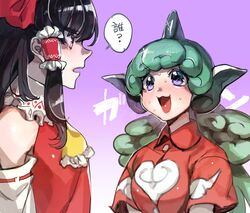  2girls :d animal_ears ascot black_hair bow commentary_request detached_sleeves eye_contact green_hair hair_tubes hairbow hakurei_reimu horns kariyushi_shirt komano_aunn long_hair looking_at_another mafuyu_hemp multiple_girls open_mouth profile purple_eyes red_bow ribbon-trimmed_sleeves ribbon_trim short_sleeves sidelocks single_horn smile speech_bubble sweat touhou translated upper_body 