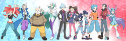  4girls 6+boys aqua_hair ascot beard black_hair blue_hair brawly_(pokemon) brown_hair cape coat crop_top facial_hair flannery_(pokemon) grey_hair highres holding holding_poke_ball juan_(pokemon) liza_(pokemon) midriff multicolored_hair multiple_boys multiple_girls nishikawa_(fe) norman_(pokemon) pantyhose pink_legwear poke_ball pokemon pokemon_emerald pokemon_oras pokemon_rse red_hair roxanne_(pokemon) siblings steven_stone tate_(pokemon) twins twintails two-tone_hair wallace_(pokemon) wattson_(pokemon) white_hair winona_(pokemon) 