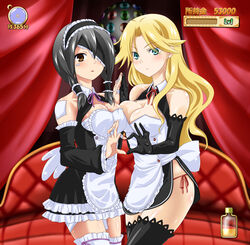  2girls 4-fingers_heart_hands absurdres asymmetrical_docking bandages bare_shoulders black_hair black_legwear blonde_hair blue_eyes blush breast_press breasts bridal_gauntlets brown_eyes cleavage colorized commentary_request cosplay detached_sleeves dream_c_club dream_c_club_(series) earrings ekra eyepatch goma_azarasi heart heart_hands heart_hands_duo highres jewelry kimura_kaere kobushi_abiru large_breasts long_hair mari_(dream_c_club) mari_(dream_c_club)_(cosplay) multiple_girls panties rui_(dream_c_club) rui_(dream_c_club)_(cosplay) sayonara_zetsubou_sensei short_hair side-tie_panties thighhighs underwear waitress white_legwear 