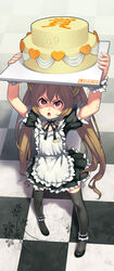  aisaka_taiga angry arms_up black_thighhighs brown_hair cake checkered_floor commentary_request female food long_hair lvans maid photoshop_(medium) purple_eyes solo thighhighs toradora! twintails 