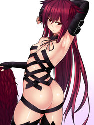  arm_behind_head arm_up arm_wrap armpits ass back bare_shoulders belt black_gloves black_ribbon black_thighhighs blush breasts closed_mouth commentary_request cowboy_shot cybele_(lord_of_vermilion) detached_collar eyebrows female fingerless_gloves from_behind frown gloves gradient_background hair_between_eyes hair_ornament highres holding i_oka_lov lace long_hair looking_back lord_of_vermilion lord_of_vermilion_iii neck_ribbon purple_hair red_eyes revealing_clothes ribbon skirt small_breasts solo thighhighs unworn_skirt very_long_hair 